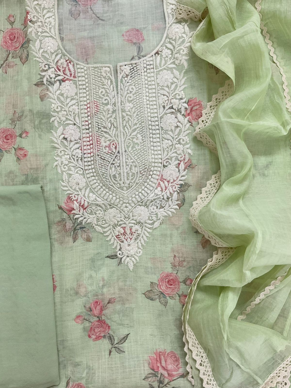 Soft Linen Jute Cotton Printed Embroidered Suit - Green
