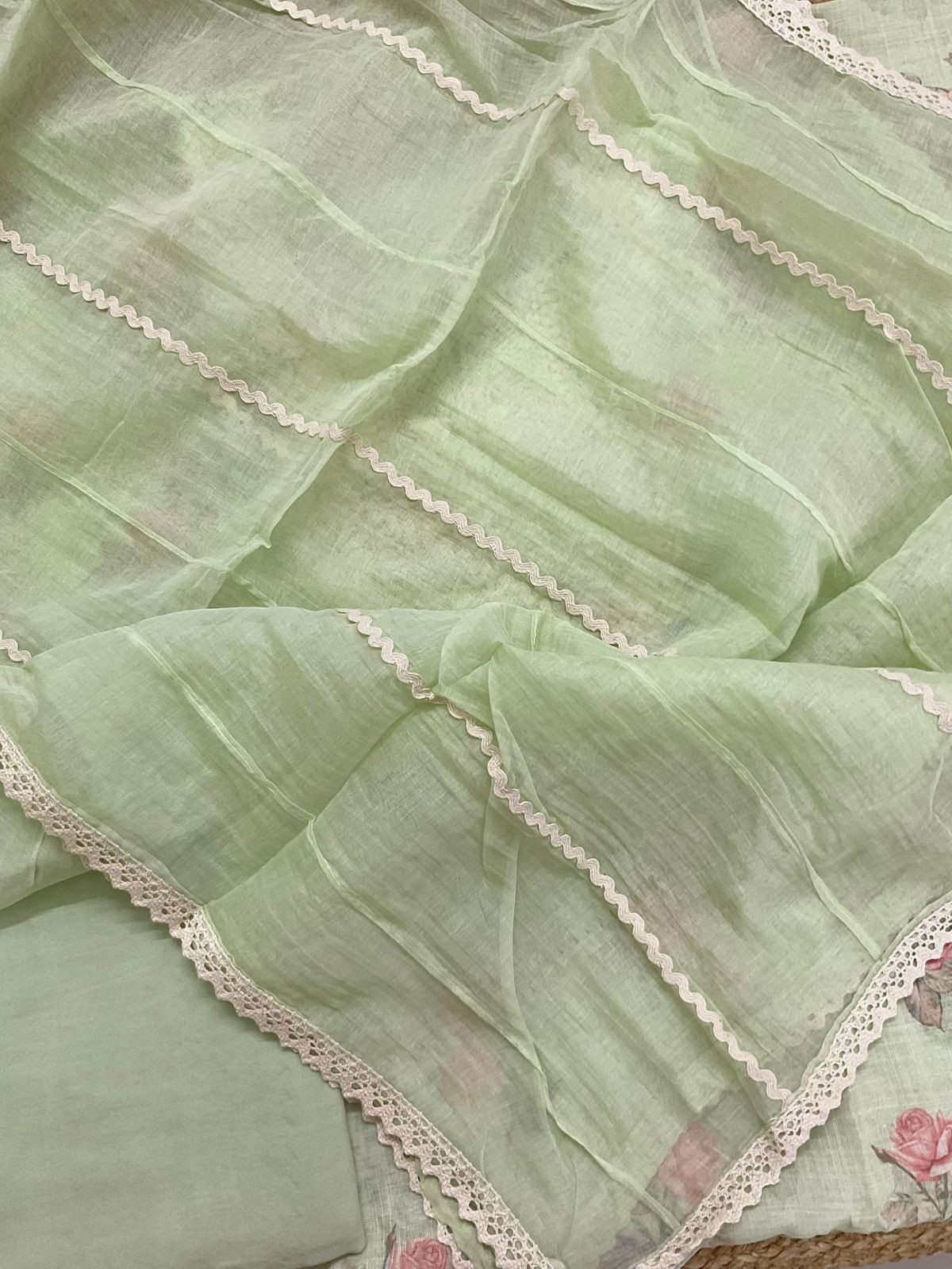 Soft Linen Jute Cotton Printed Embroidered Suit - Green