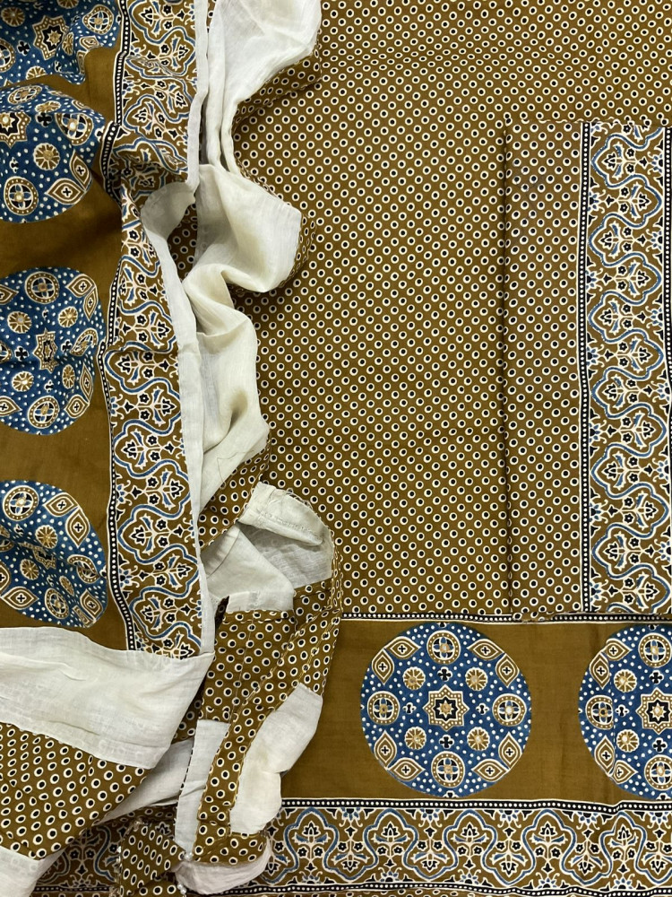 Image of Pure Cotton Printed Embroidered Suit - Mustard