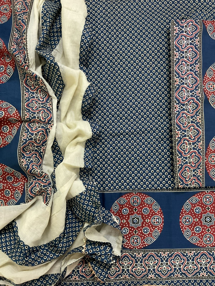 Image of Pure Cotton Printed Embroidered Suit - BLUE