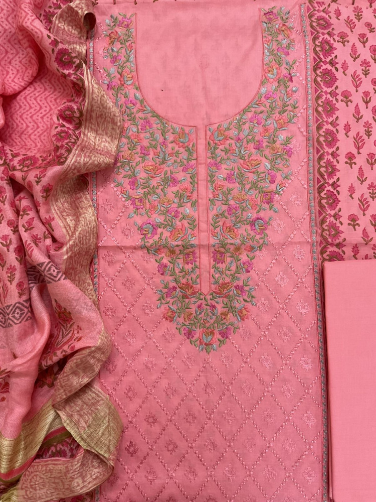 Image of Pure Cotton Printed Embroidered Suit - Peach