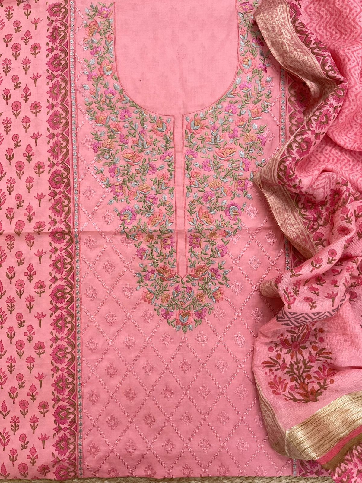 Pure Cotton Printed Embroidered Suit - Peach