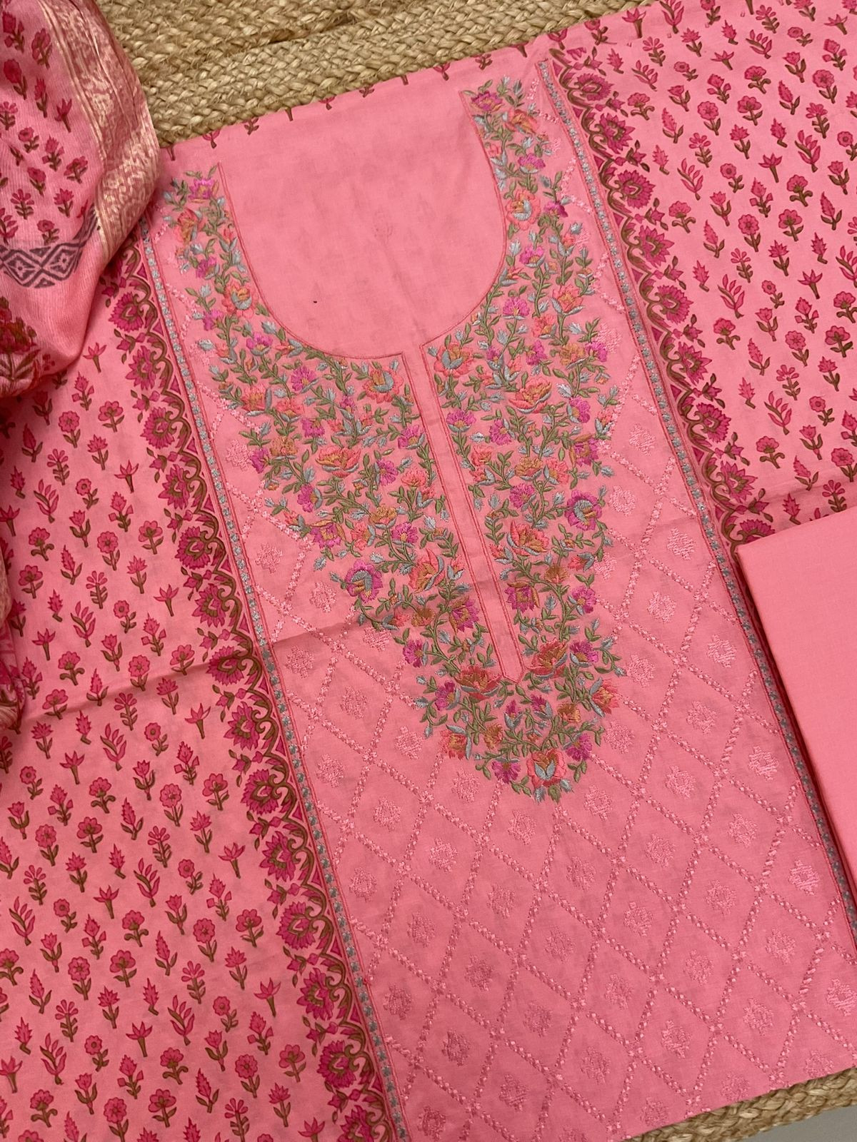 Pure Cotton Printed Embroidered Suit - Peach