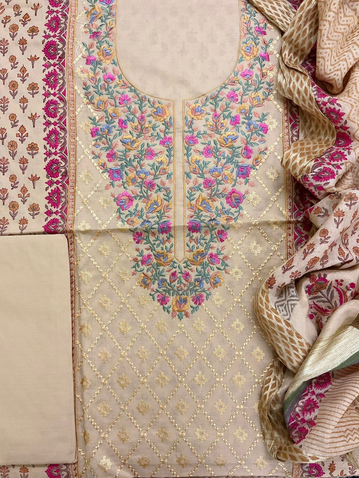 Pure Cotton Printed Embroidered Suit - Mustard