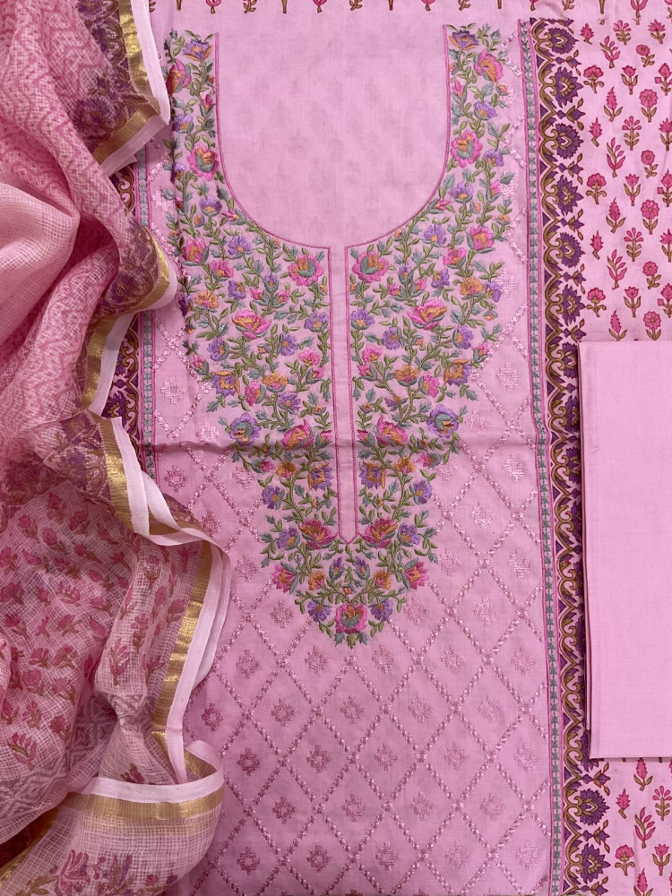 Image of Pure Cotton Printed Embroidered Suit - Pink