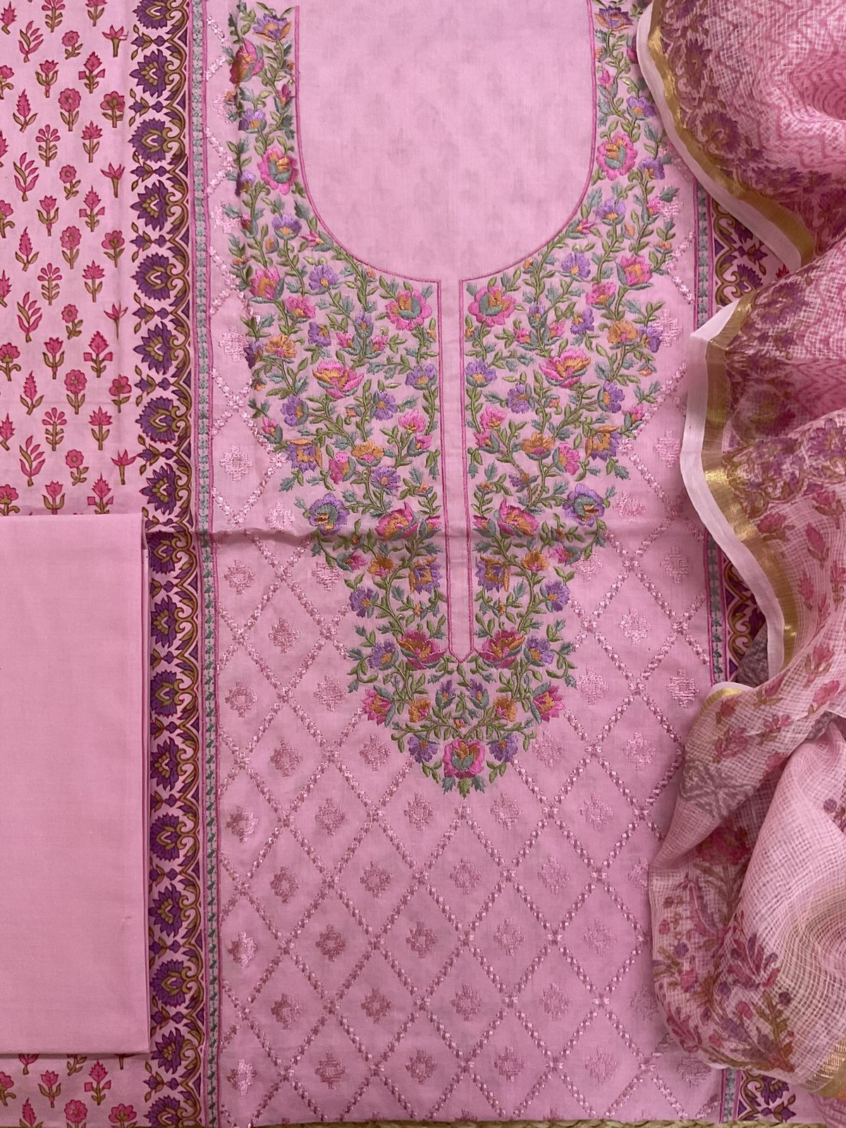 Pure Cotton Printed Embroidered Suit - Pink
