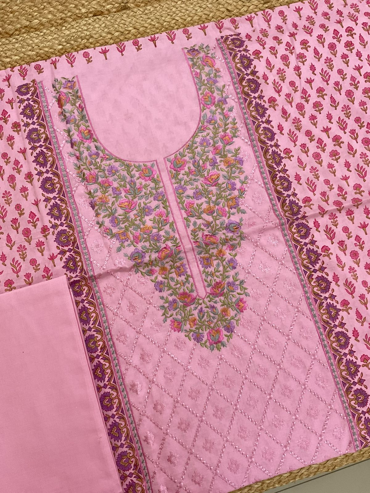 Pure Cotton Printed Embroidered Suit - Pink