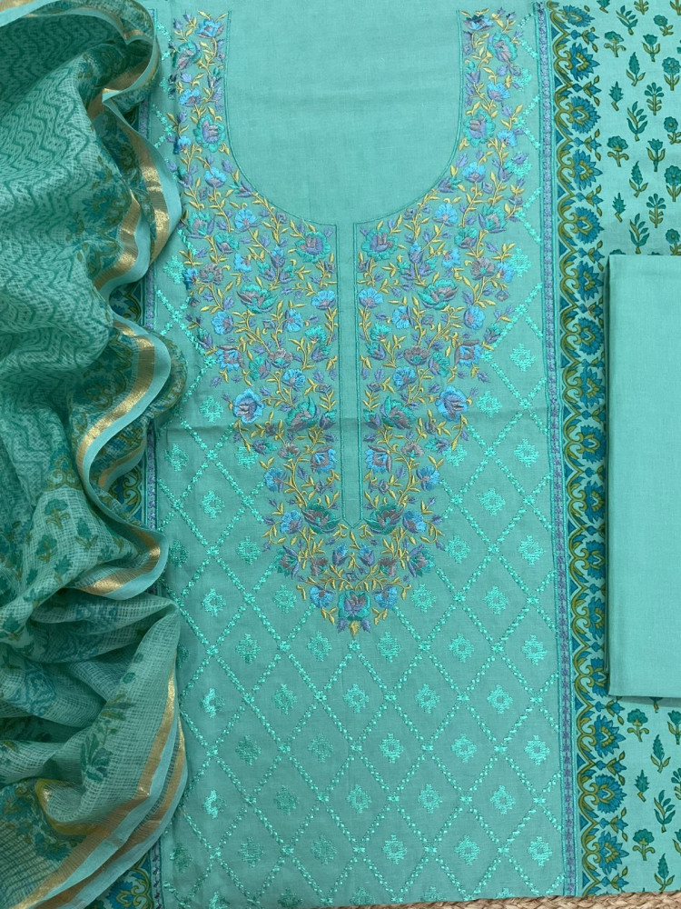 Image of Pure Cotton Printed Embroidered Suit - Blue