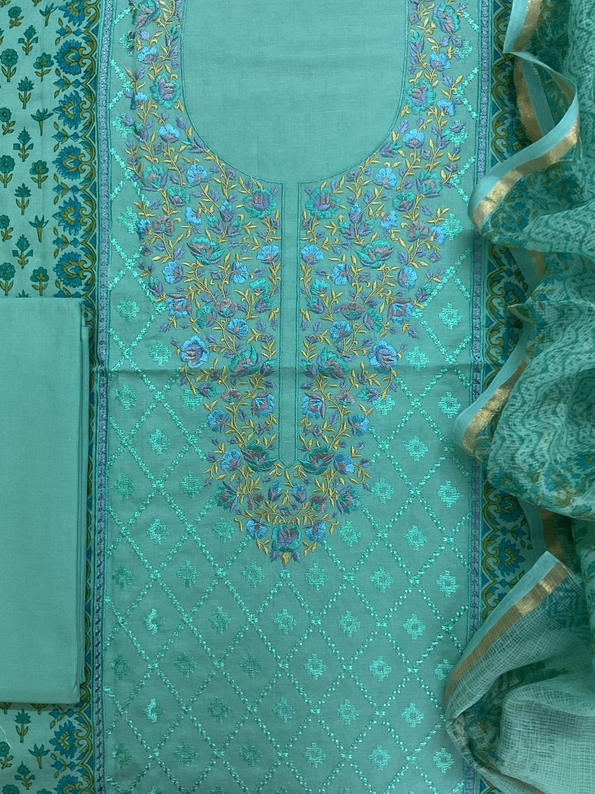 Pure Cotton Printed Embroidered Suit - Blue