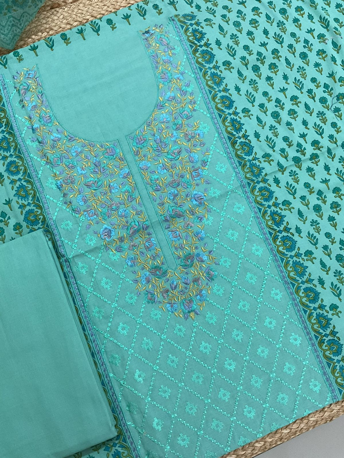 Pure Cotton Printed Embroidered Suit - Blue