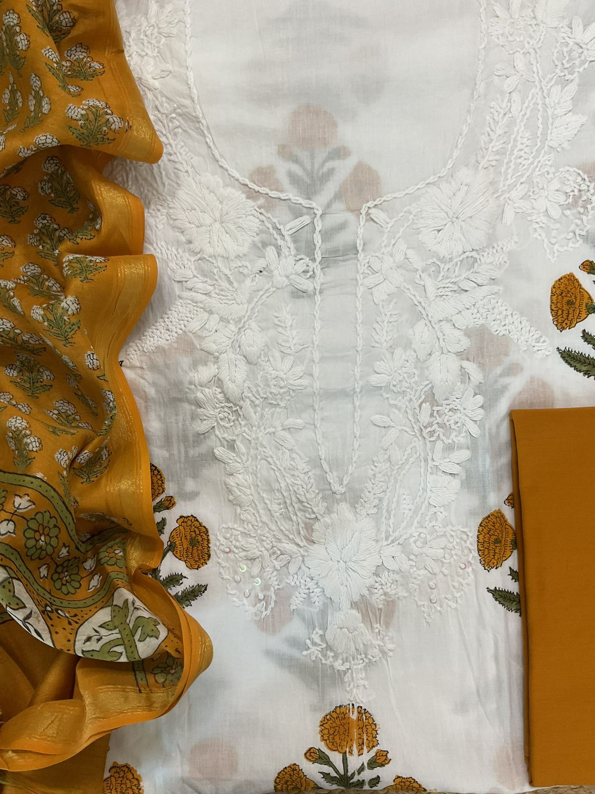 Pure Cotton Printed Embroidered Suit - White