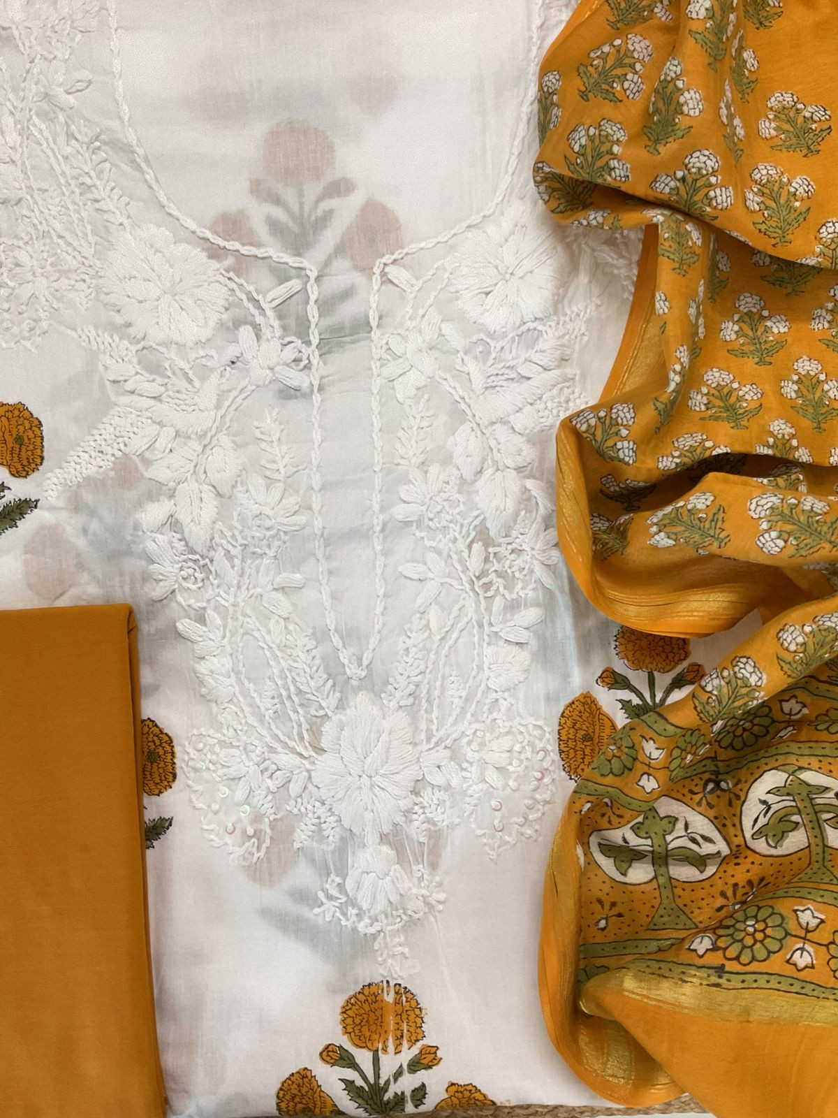 Pure Cotton Printed Embroidered Suit - White