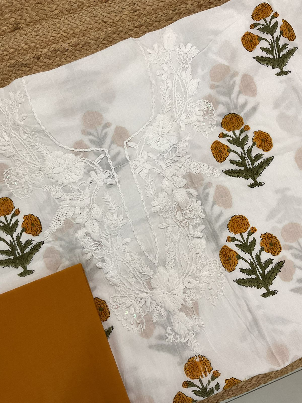 Pure Cotton Printed Embroidered Suit - White