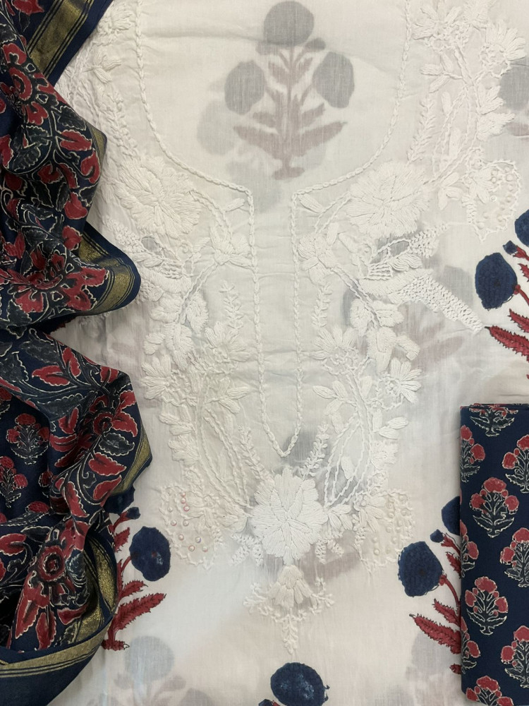 Image of Pure Cotton Printed Embroidered Suit - White
