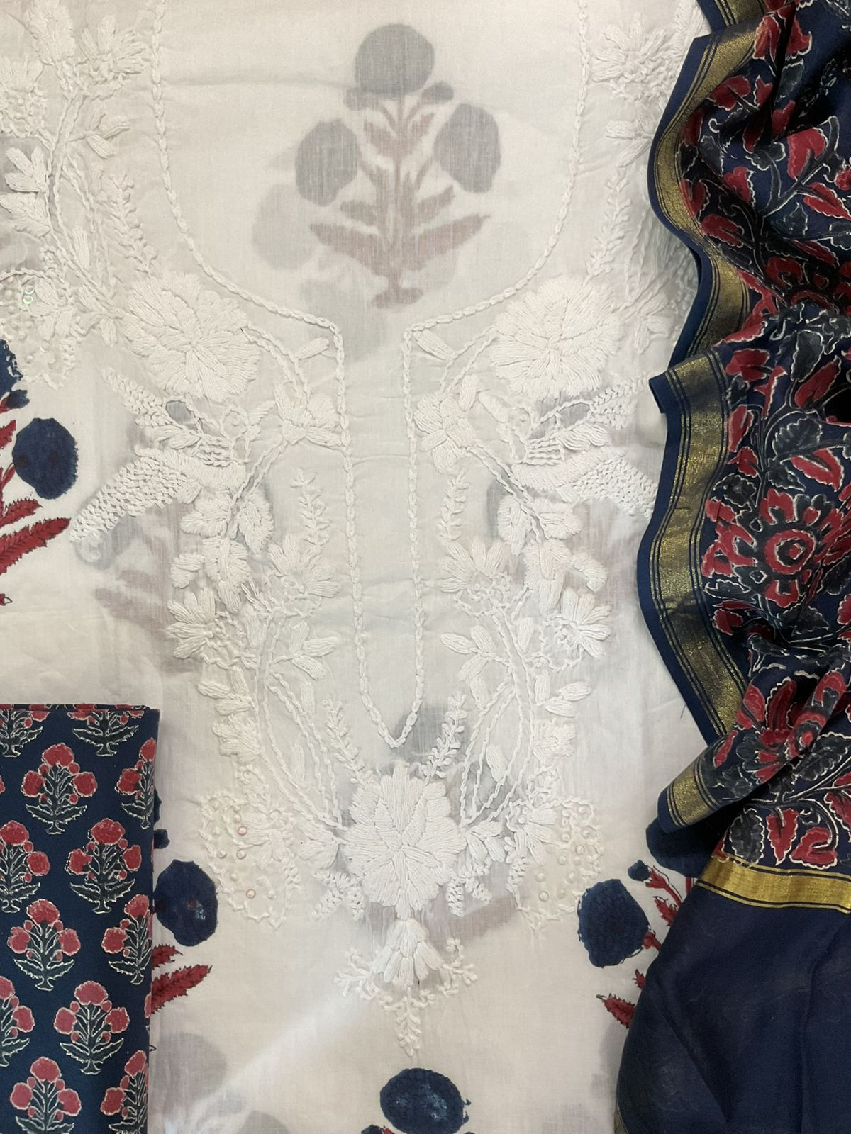 Pure Cotton Printed Embroidered Suit - White