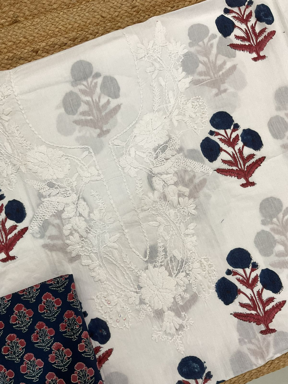Pure Cotton Printed Embroidered Suit - White