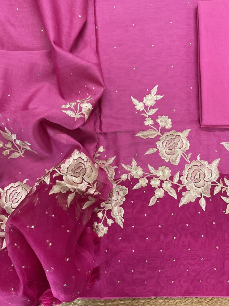 Image of Pure Chanderi Shaded Embroidered Suit - Pink