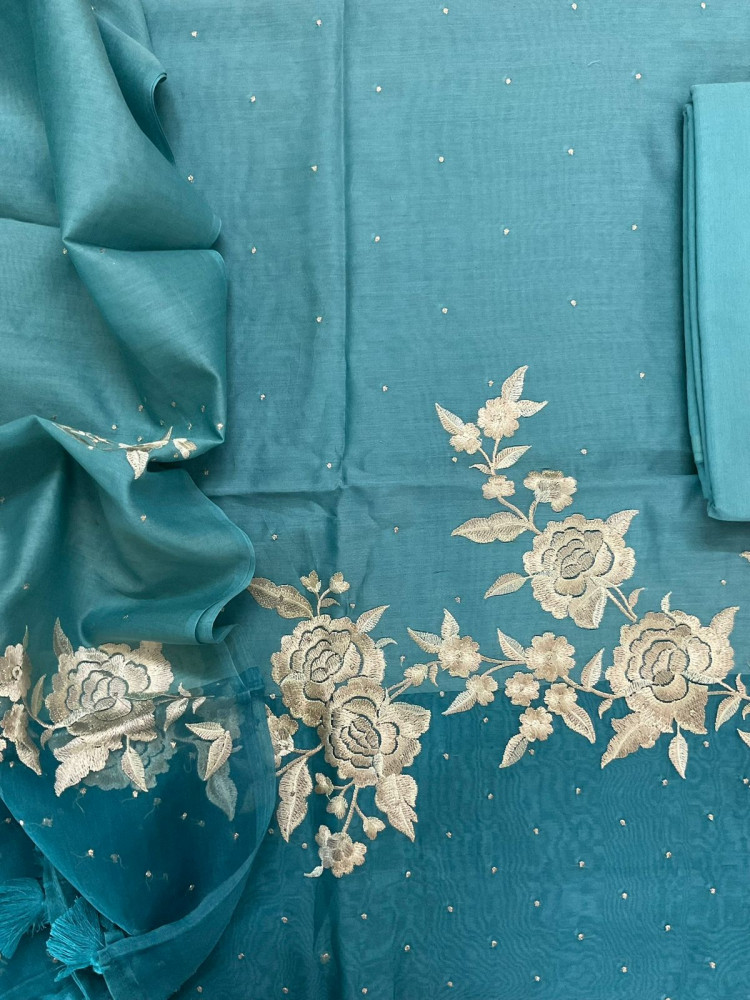Image of Pure Chanderi Shaded Embroidered Suit - Blue