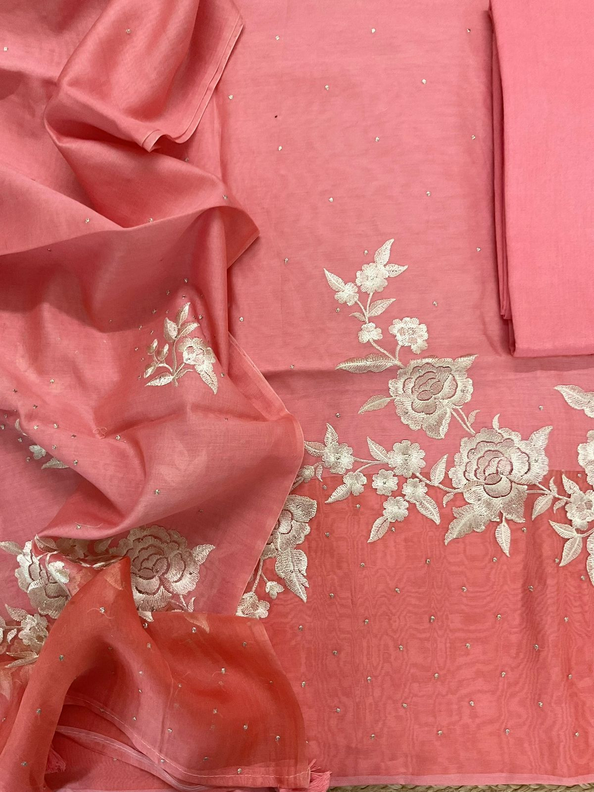 Pure Chanderi Shaded Embroidered Suit - Peach