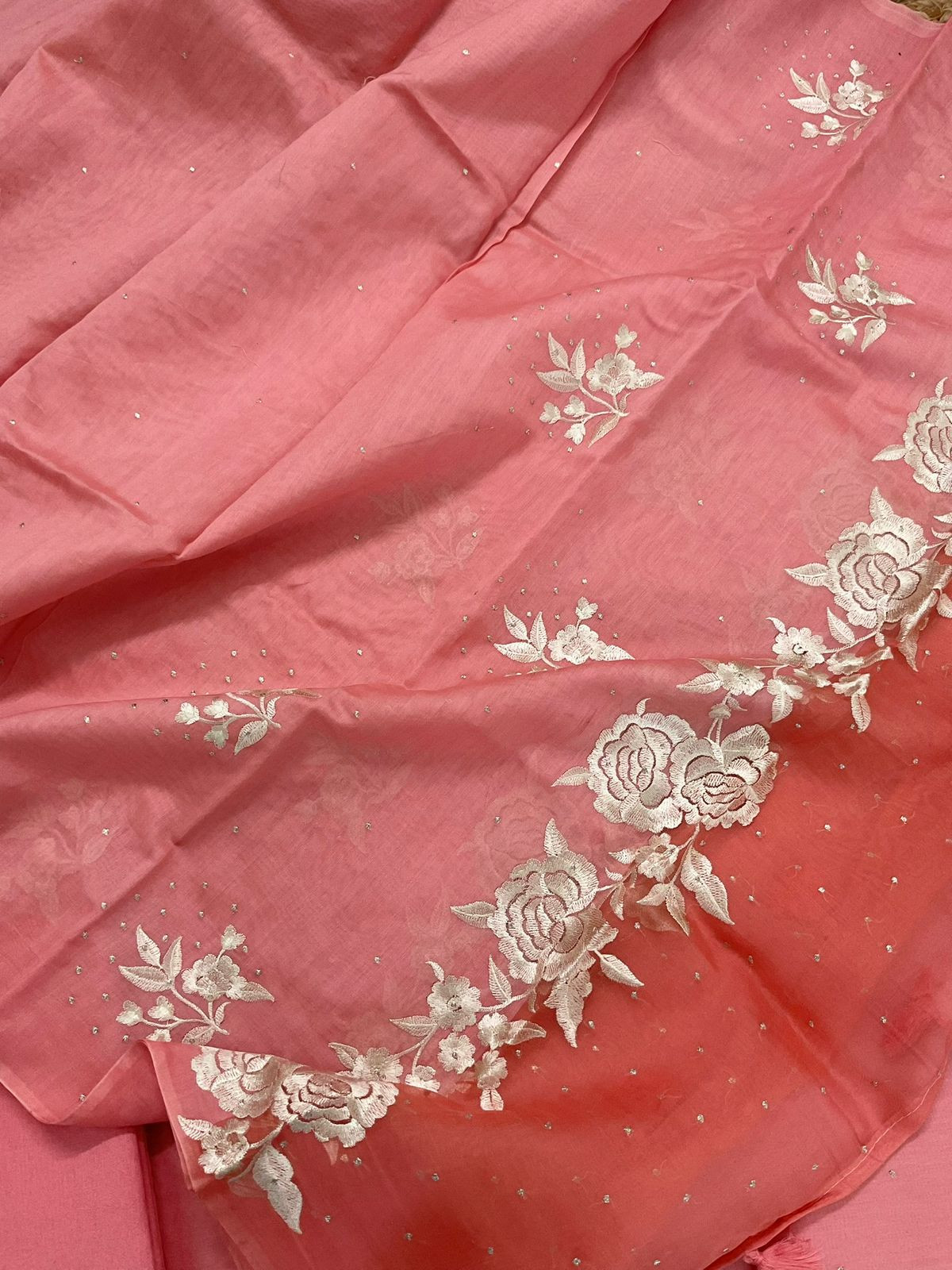 Pure Chanderi Shaded Embroidered Suit - Peach