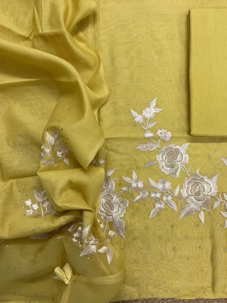 Image of Pure Chanderi Shaded Embroidered Suit - Yellow