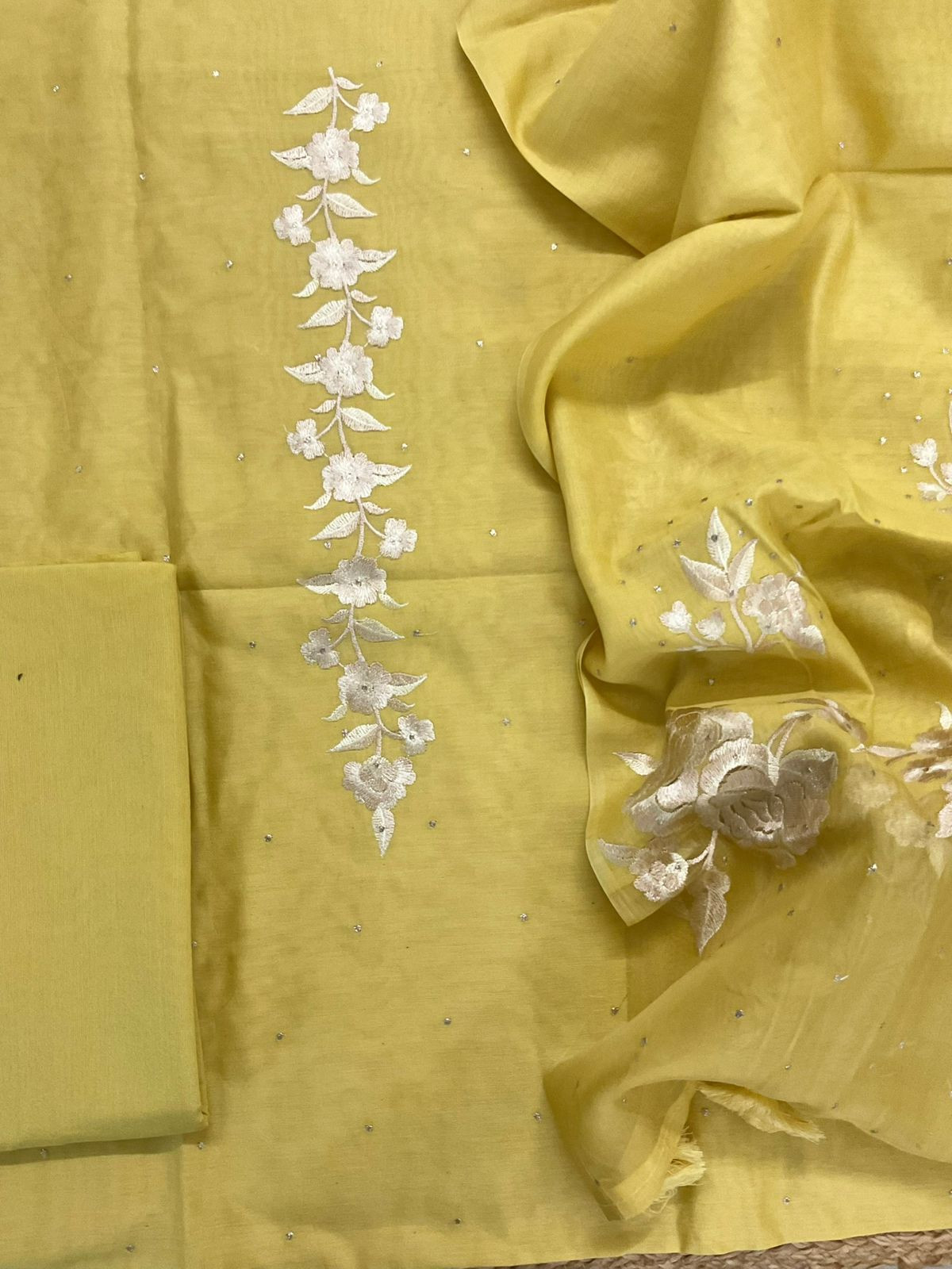 Pure Chanderi Shaded Embroidered Suit - Yellow