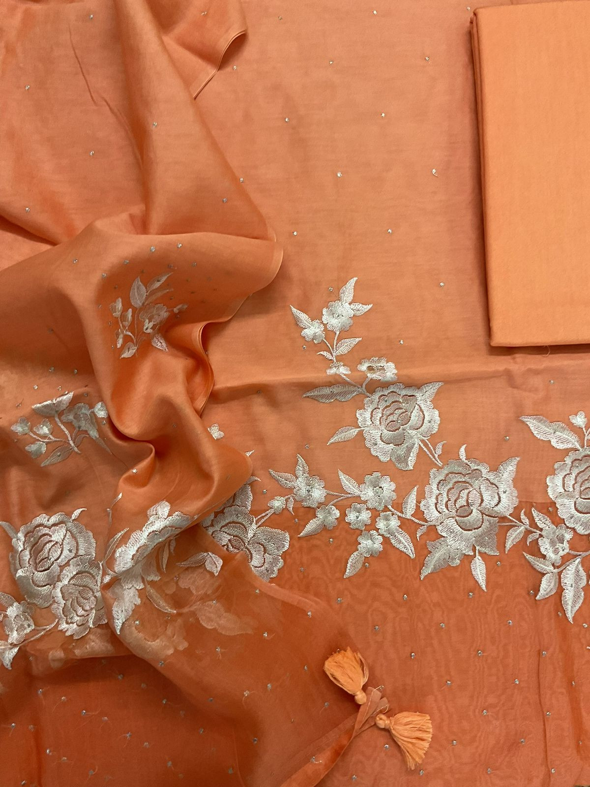 Pure Chanderi Shaded Embroidered Suit - Orange