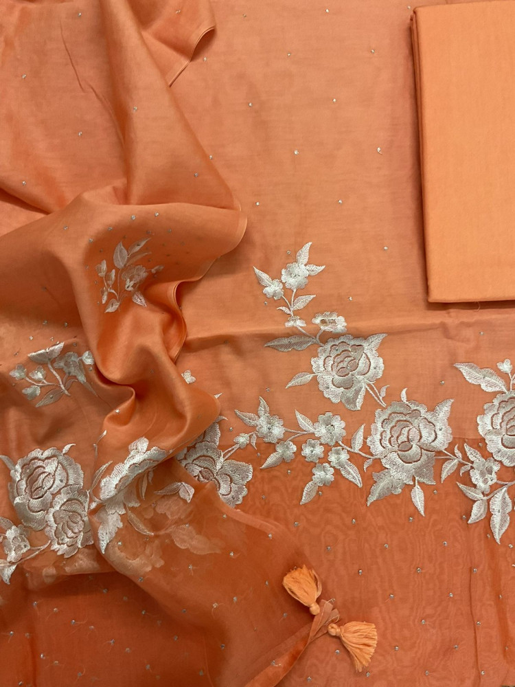 Image of Pure Chanderi Shaded Embroidered Suit - Orange