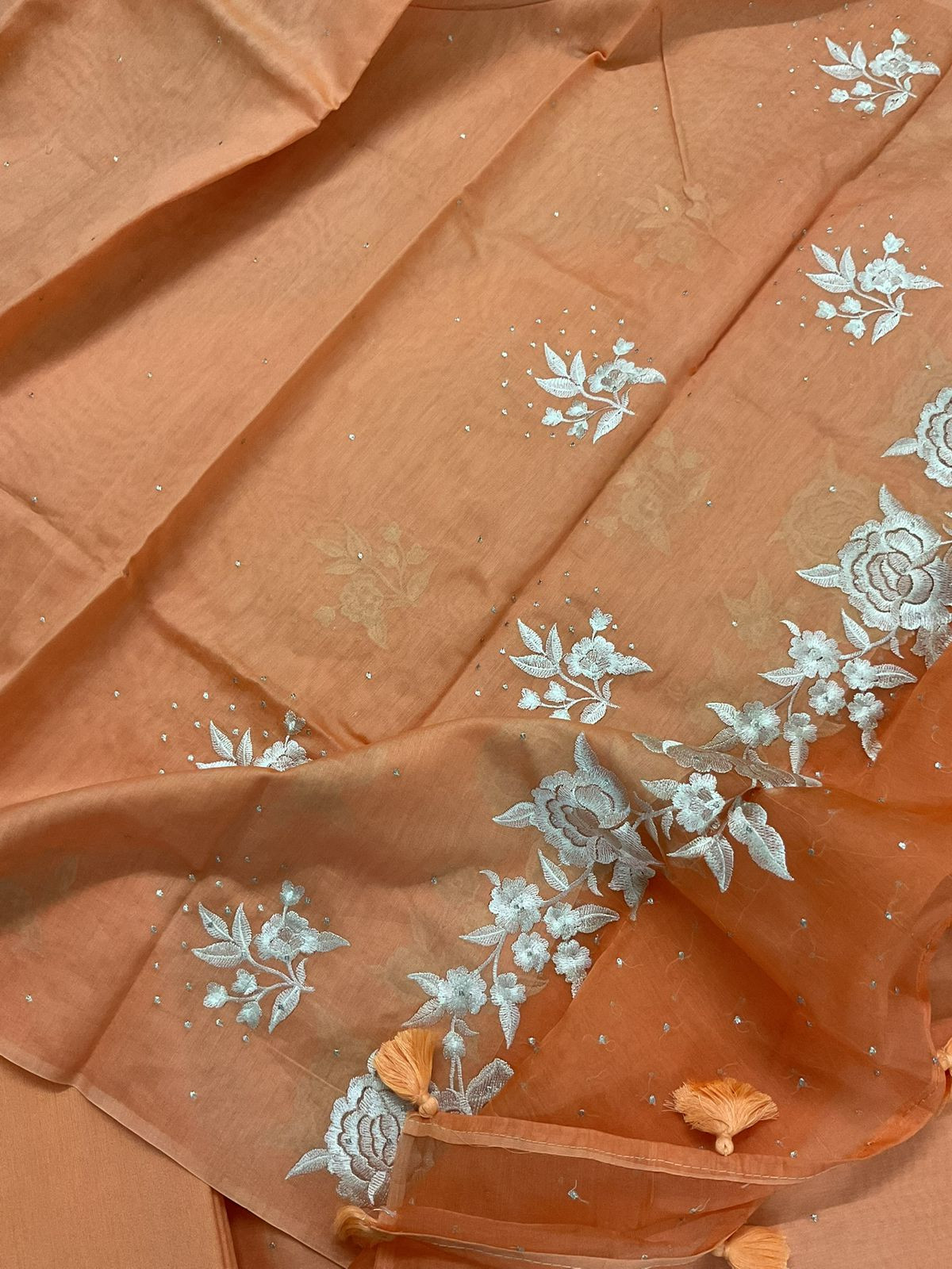 Pure Chanderi Shaded Embroidered Suit - Orange