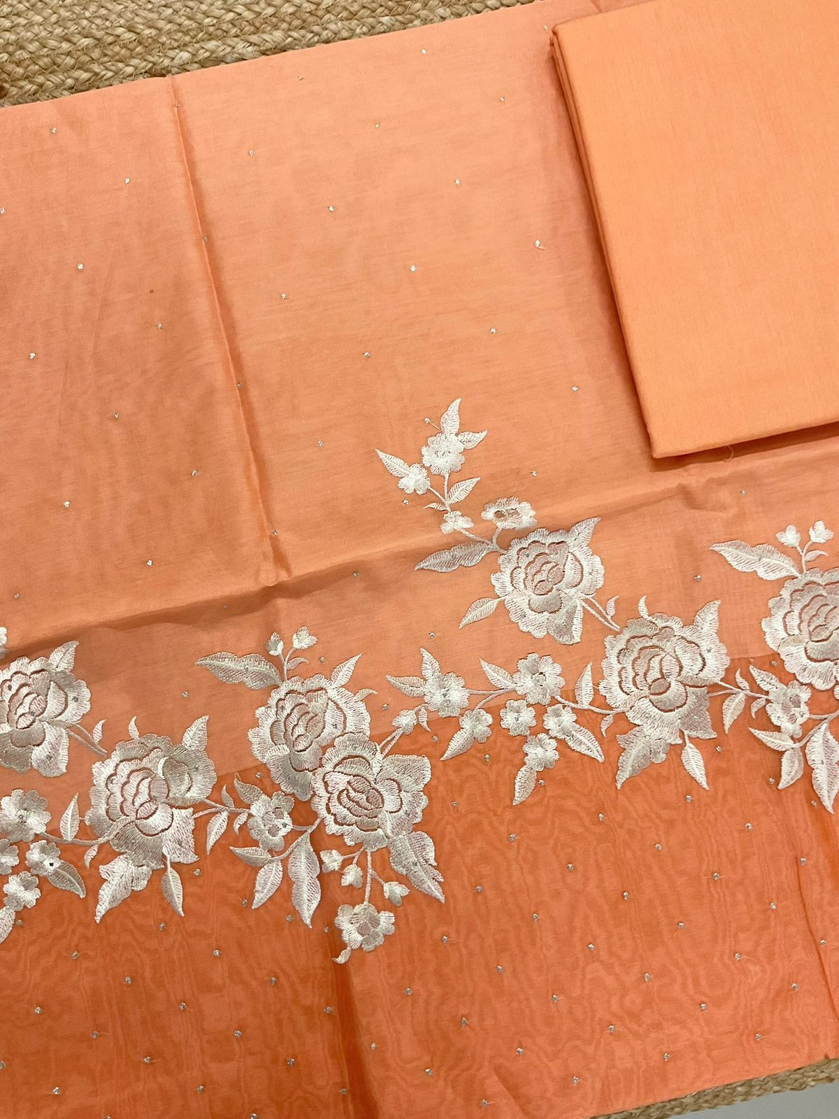 Pure Chanderi Shaded Embroidered Suit - Orange