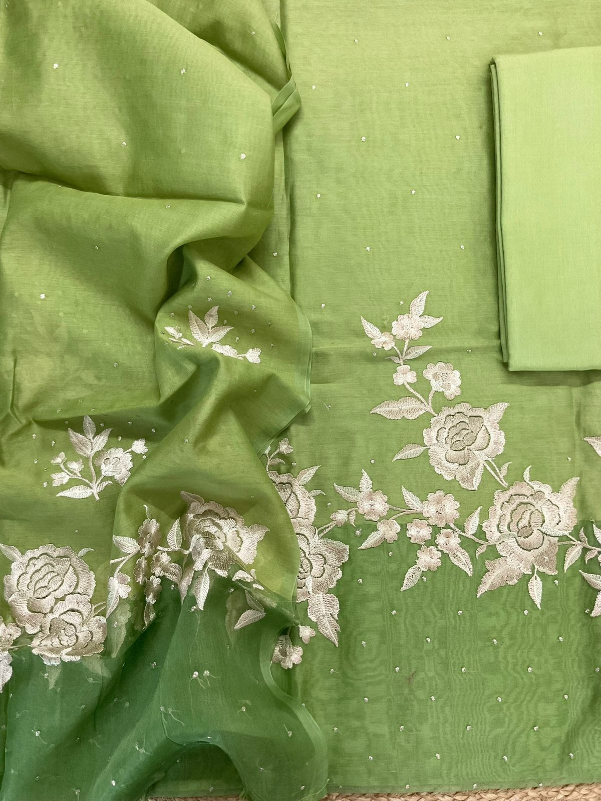 Pure Chanderi Shaded Embroidered Suit - Green