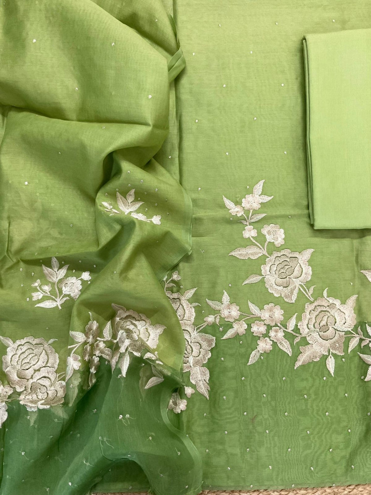 Image of Pure Chanderi Shaded Embroidered Suit - Green