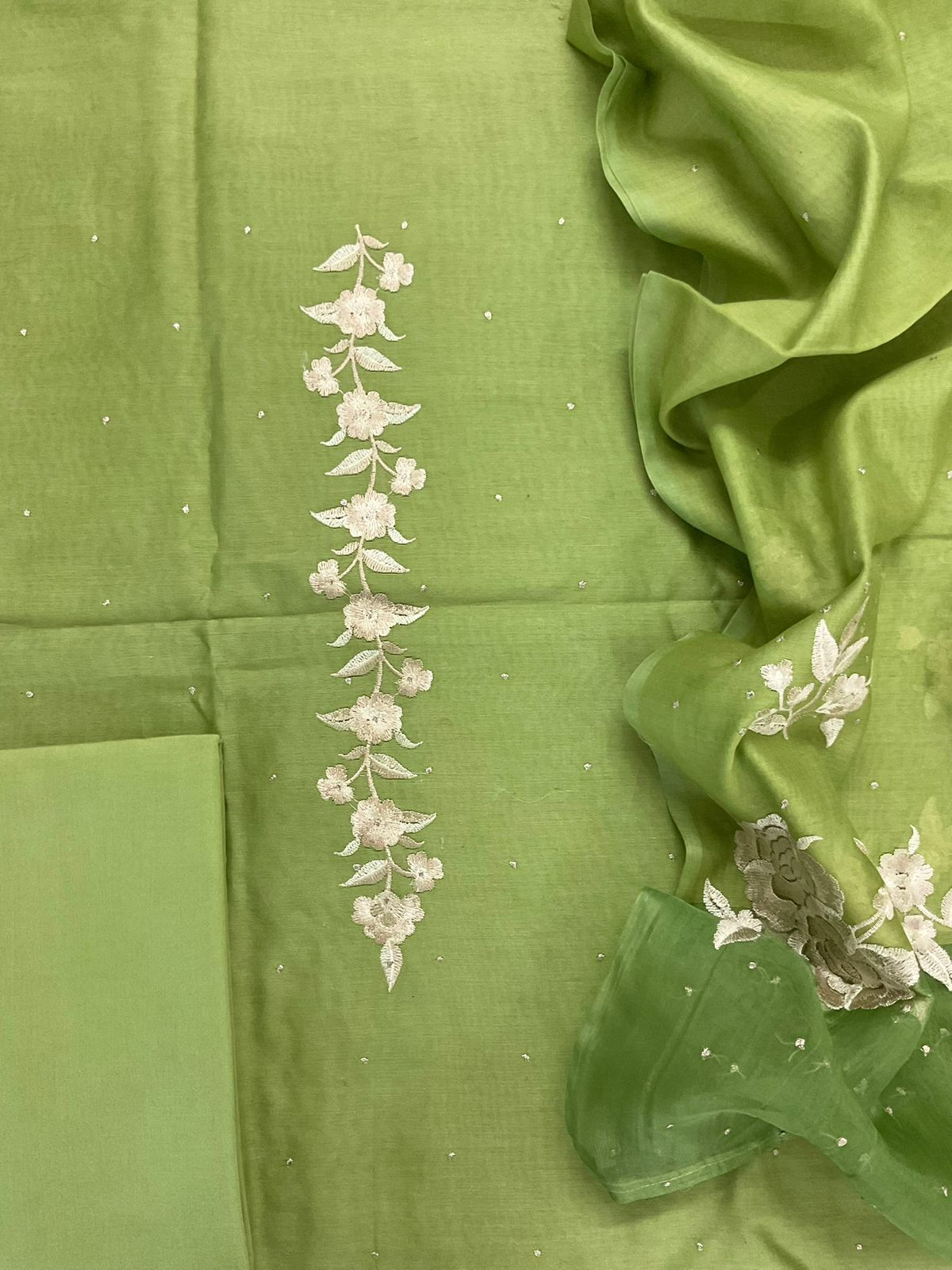 Pure Chanderi Shaded Embroidered Suit - Green