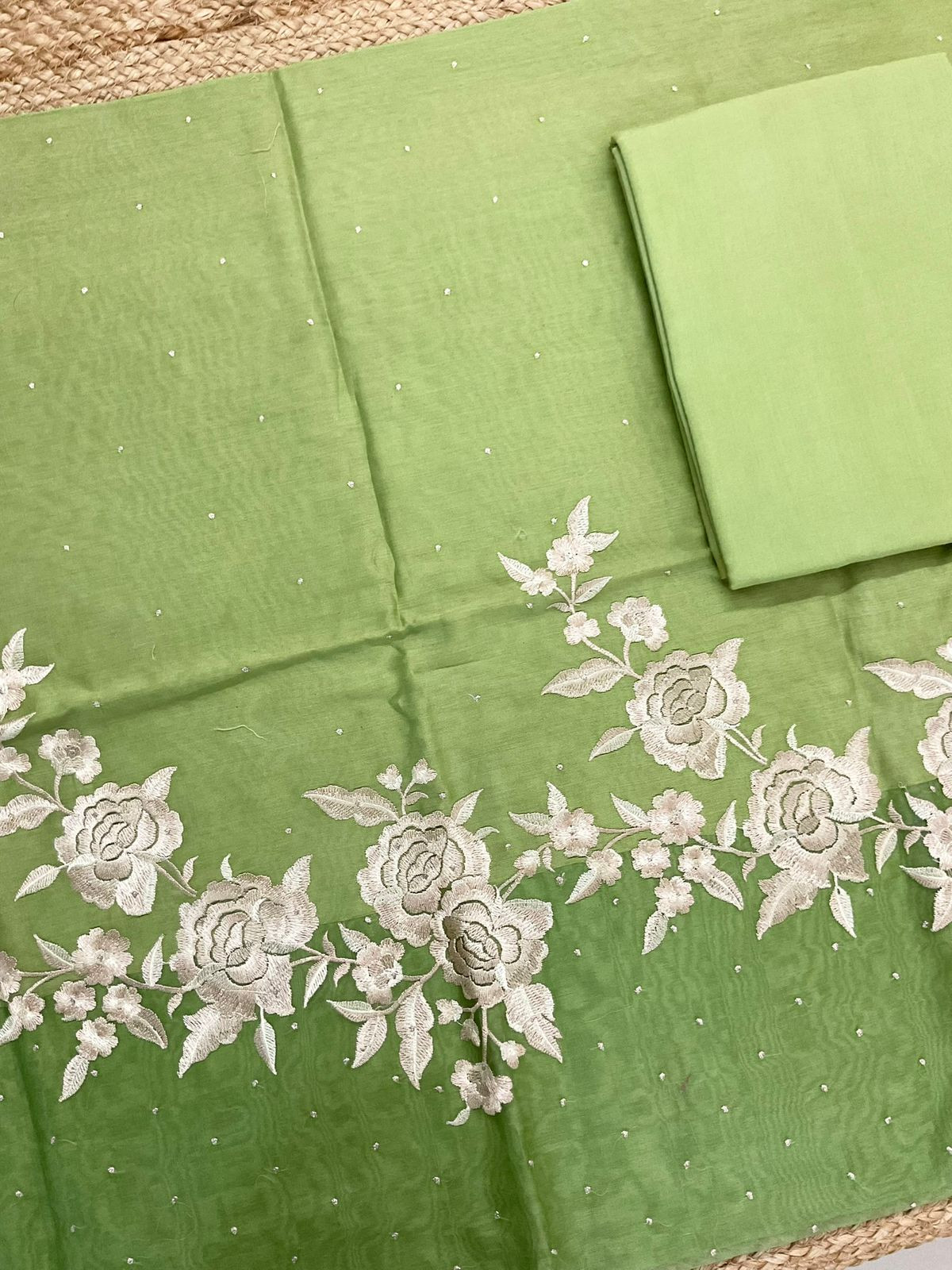 Pure Chanderi Shaded Embroidered Suit - Green