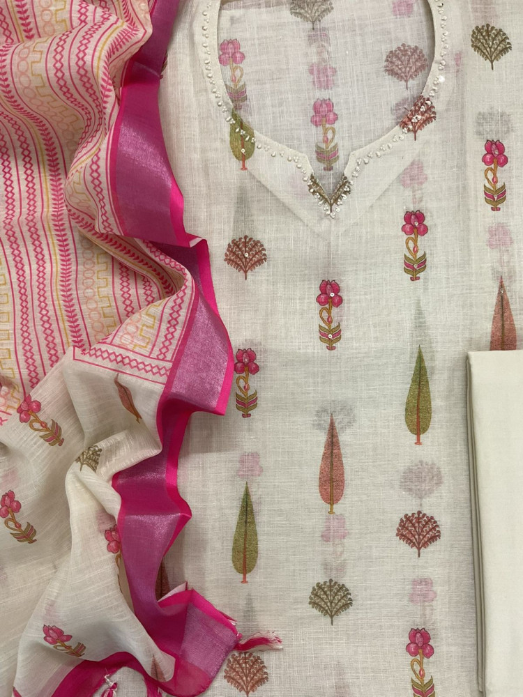 Image of Soft Linen Jute Cotton Printed Embroidered Suit - Off White