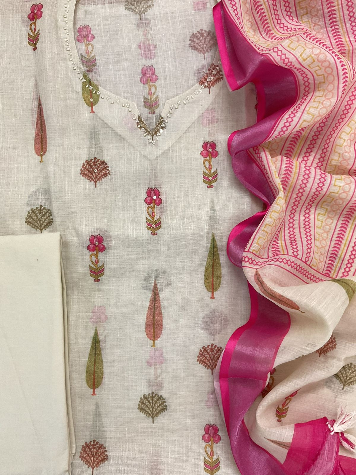 Soft Linen Jute Cotton Printed Embroidered Suit - Off White