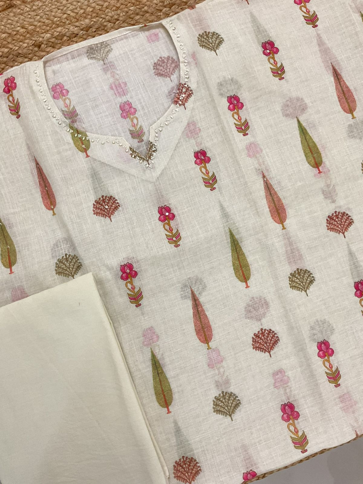 Soft Linen Jute Cotton Printed Embroidered Suit - Off White