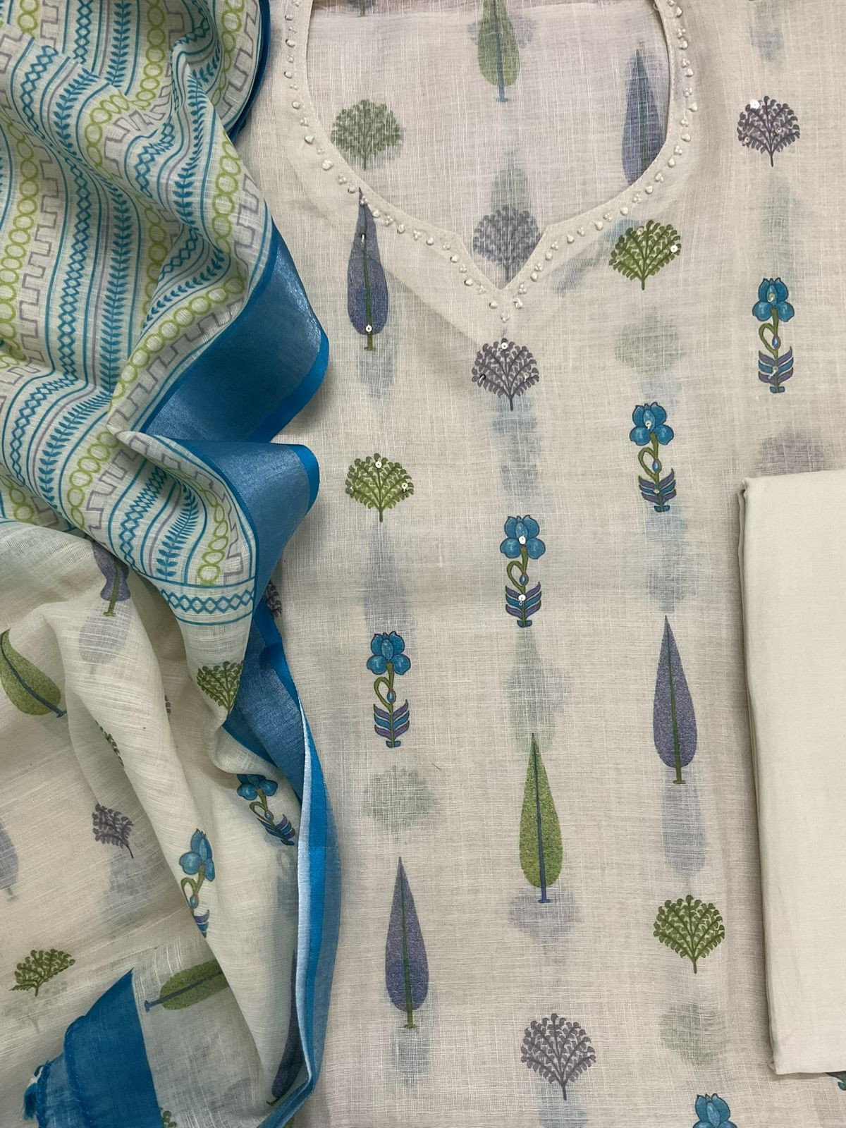 Soft Linen Jute Cotton Printed Embroidered Suit - Off White