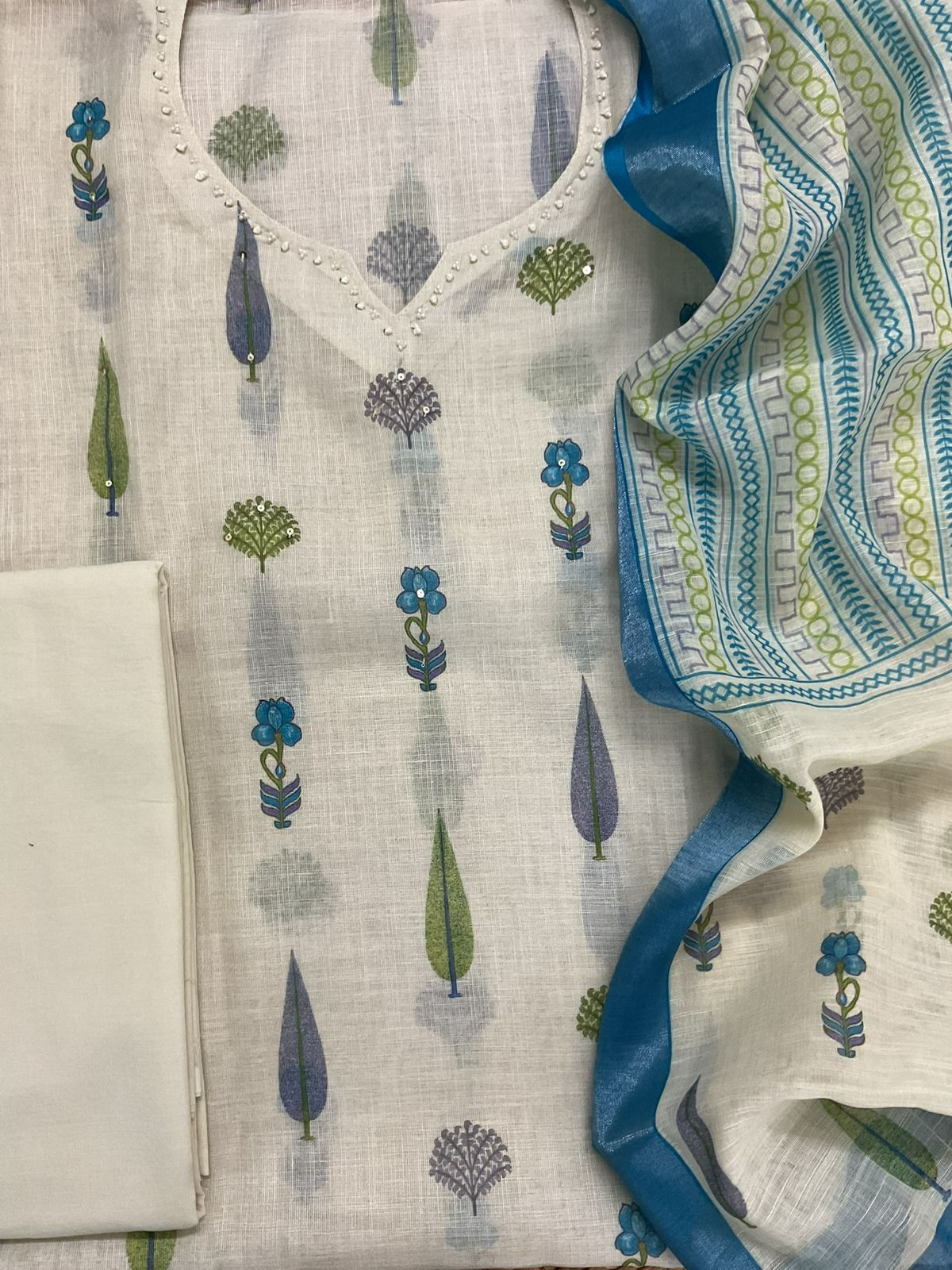 Soft Linen Jute Cotton Printed Embroidered Suit - Off White