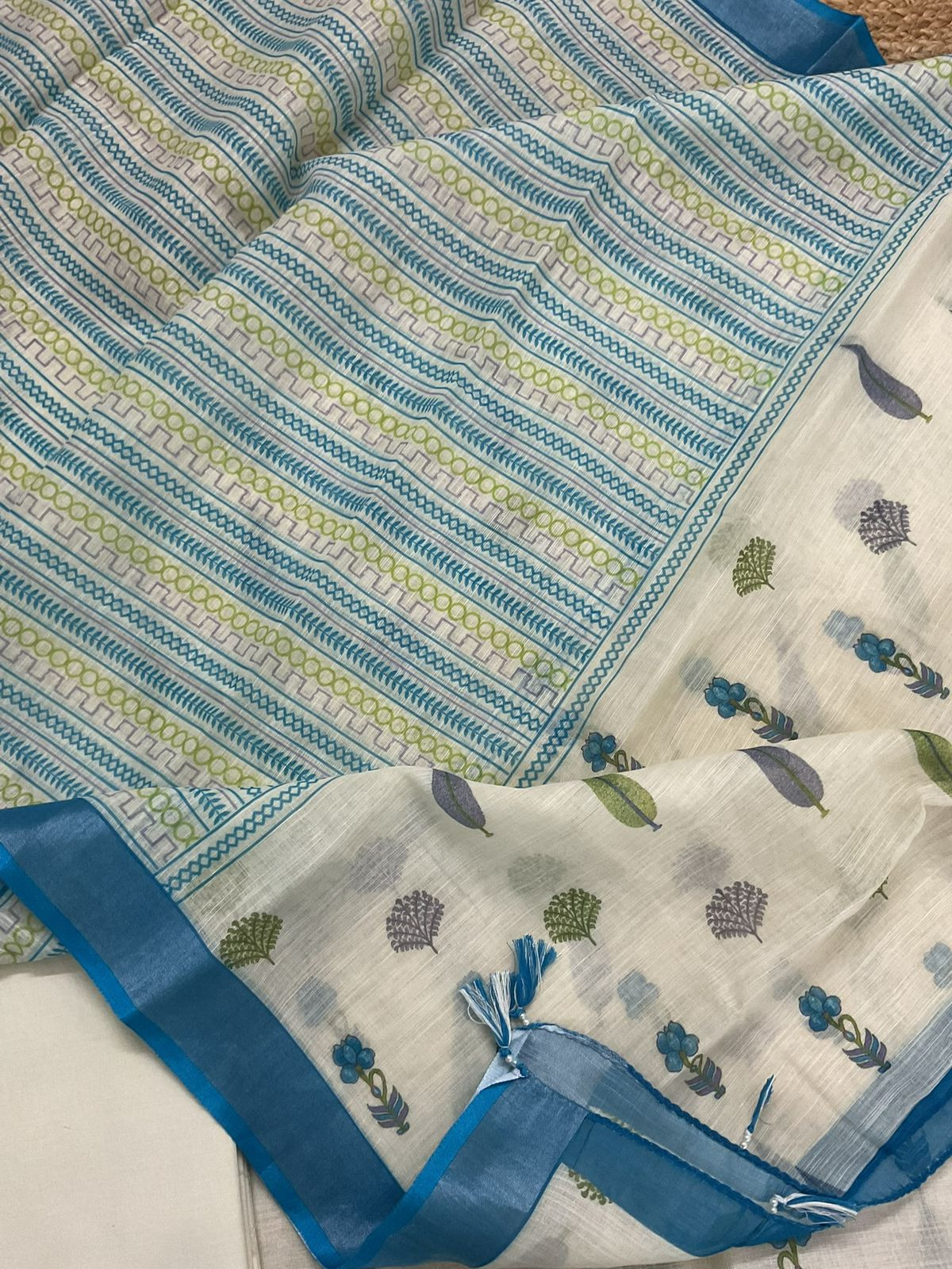 Soft Linen Jute Cotton Printed Embroidered Suit - Off White