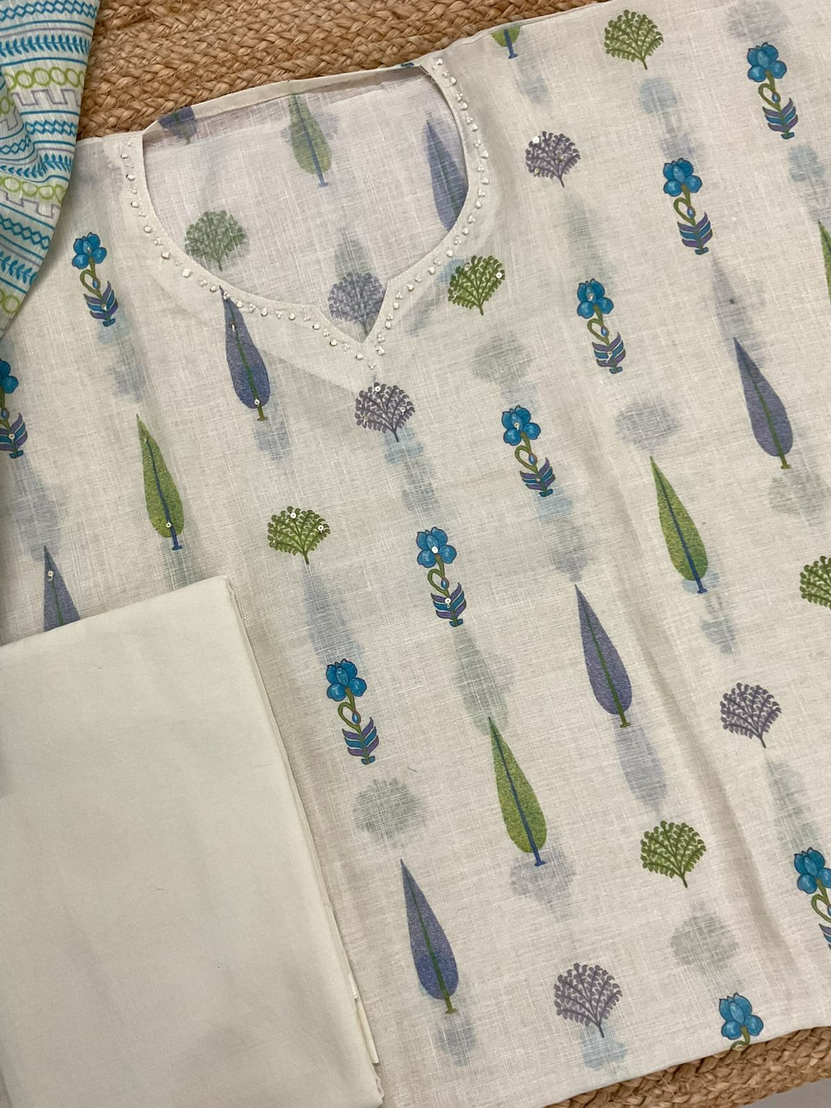 Soft Linen Jute Cotton Printed Embroidered Suit - Off White