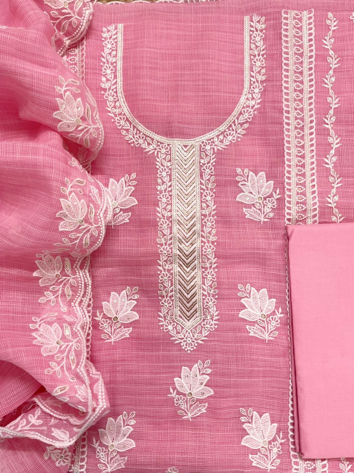 Soft Jute Kota Cotton Embroidered Suit - Pink