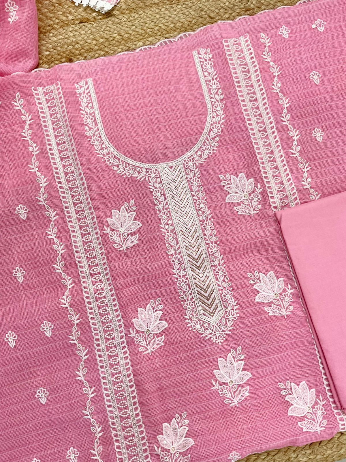 Soft Jute Kota Cotton Embroidered Suit - Pink