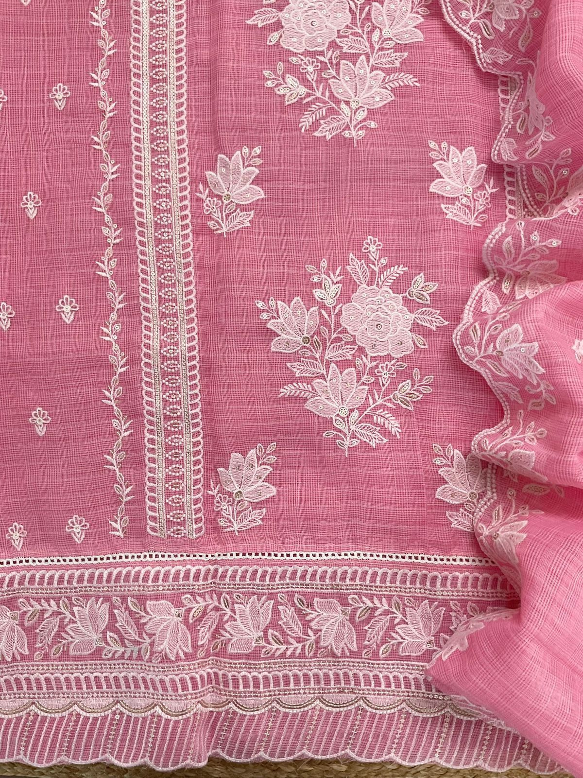 Soft Jute Kota Cotton Embroidered Suit - Pink