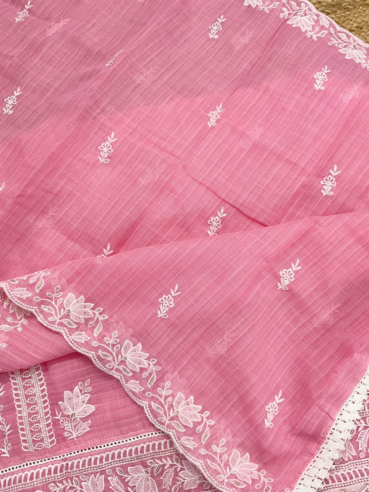 Soft Jute Kota Cotton Embroidered Suit - Pink