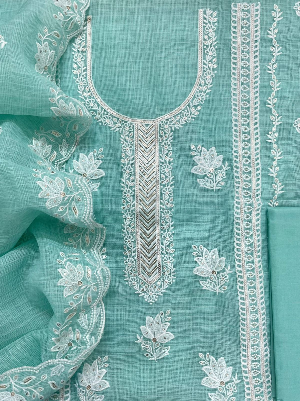 Soft Jute Kota Cotton Embroidered Suit - Sea Blue