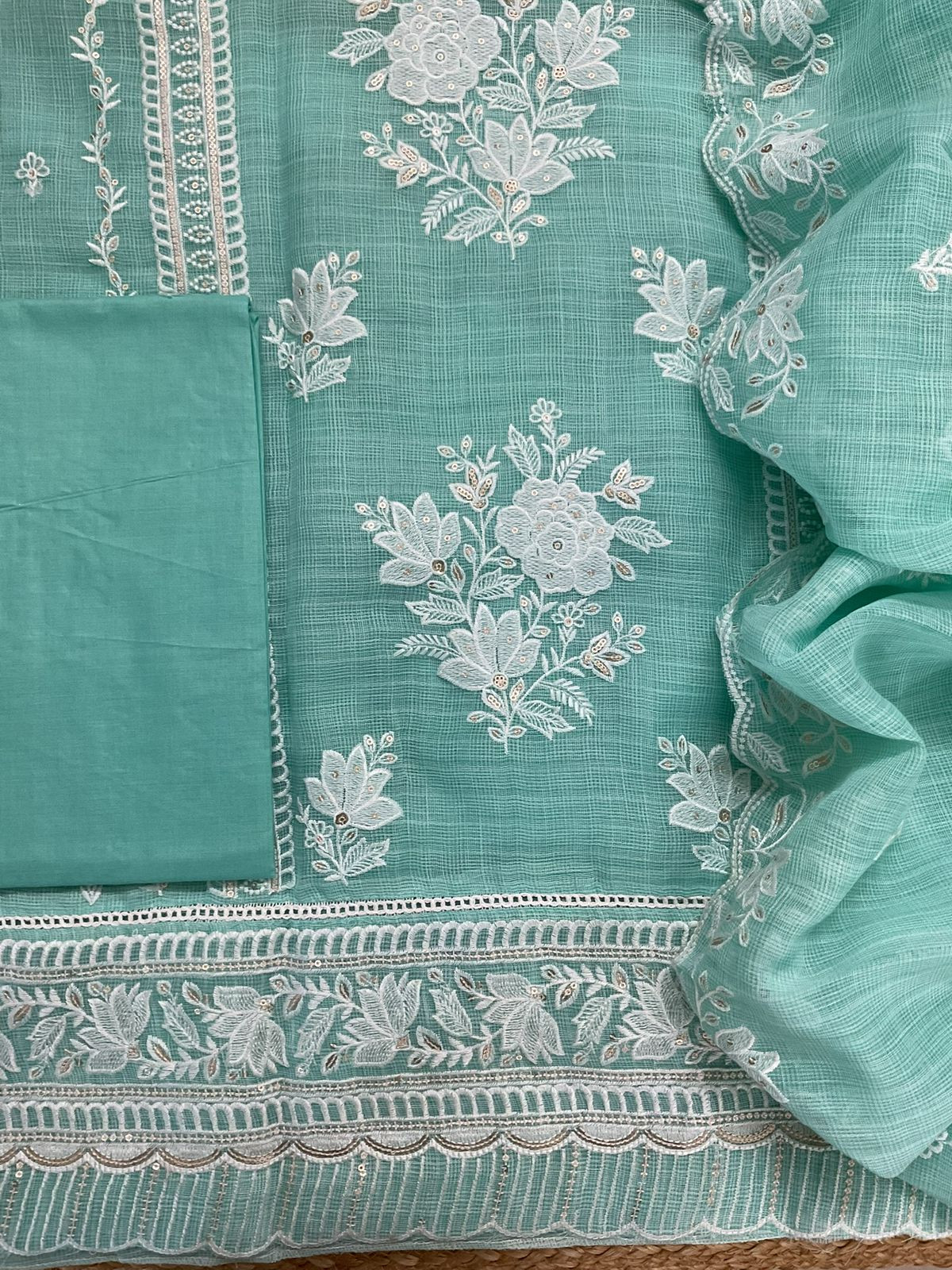 Soft Jute Kota Cotton Embroidered Suit - Sea Blue