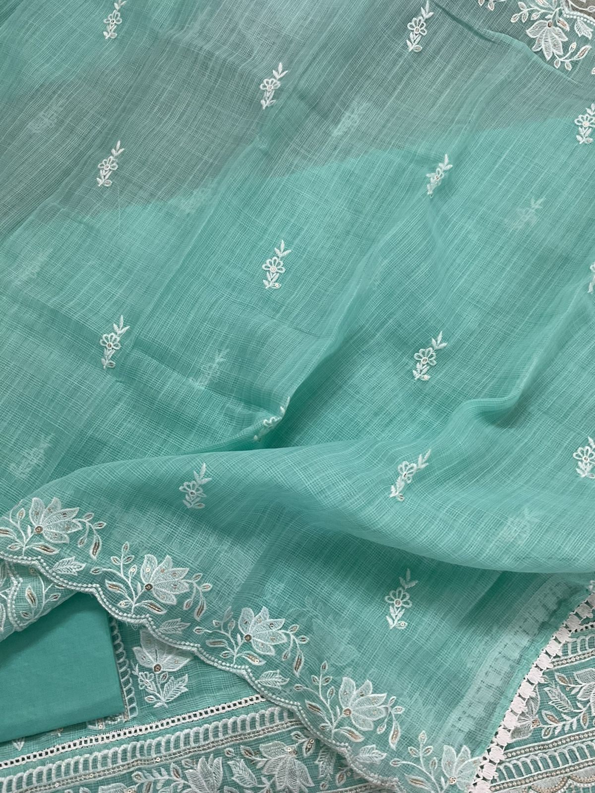Soft Jute Kota Cotton Embroidered Suit - Sea Blue
