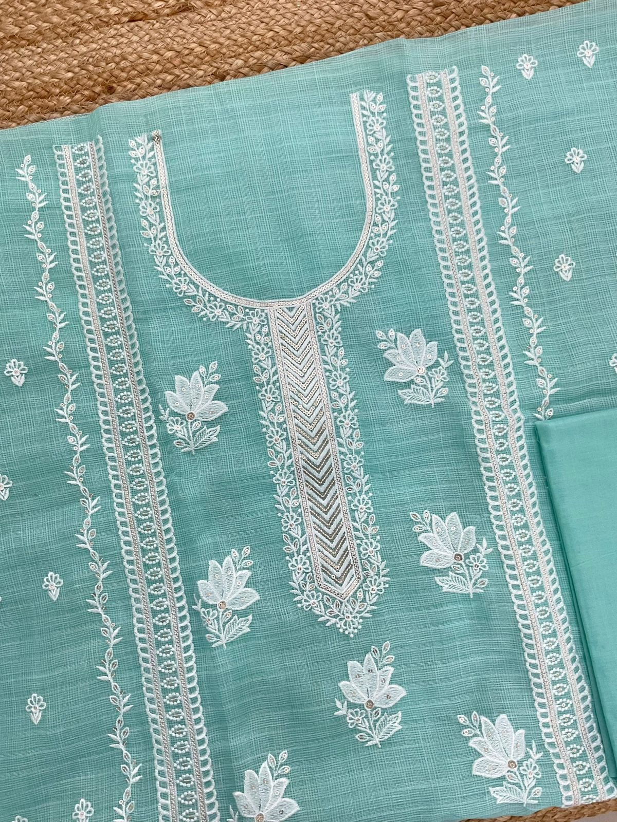 Soft Jute Kota Cotton Embroidered Suit - Sea Blue