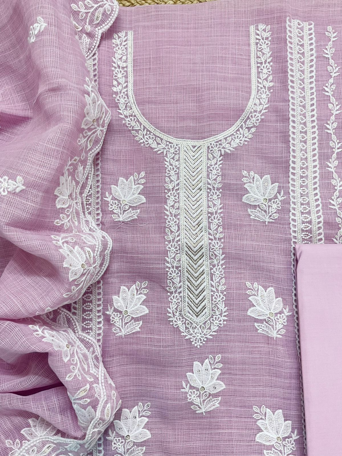 Soft Jute Kota Cotton Embroidered Suit - Lavender